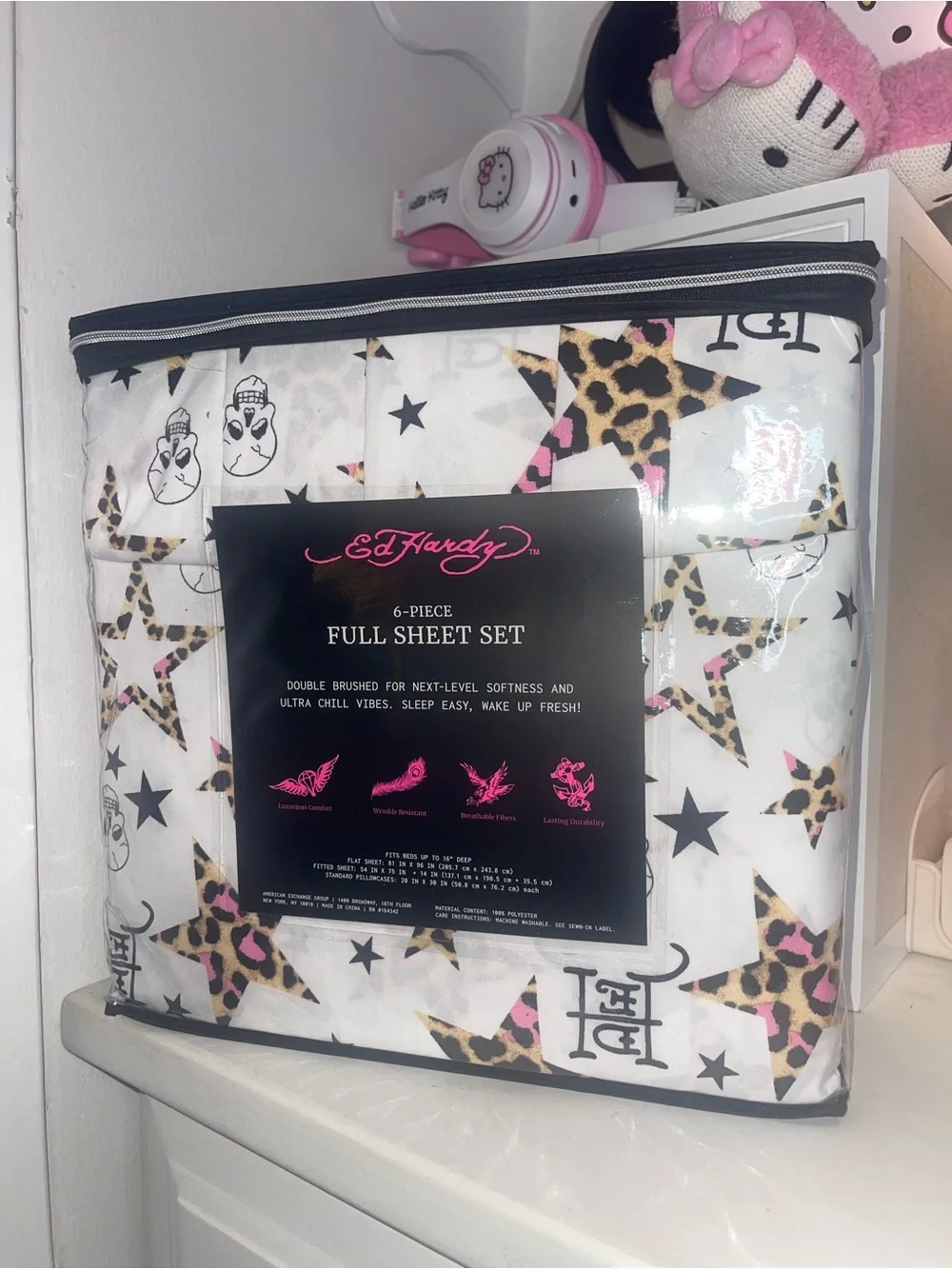 NWT Ed Hardy Full Sheet Set - White with Leopard Star & Black Skull Accents